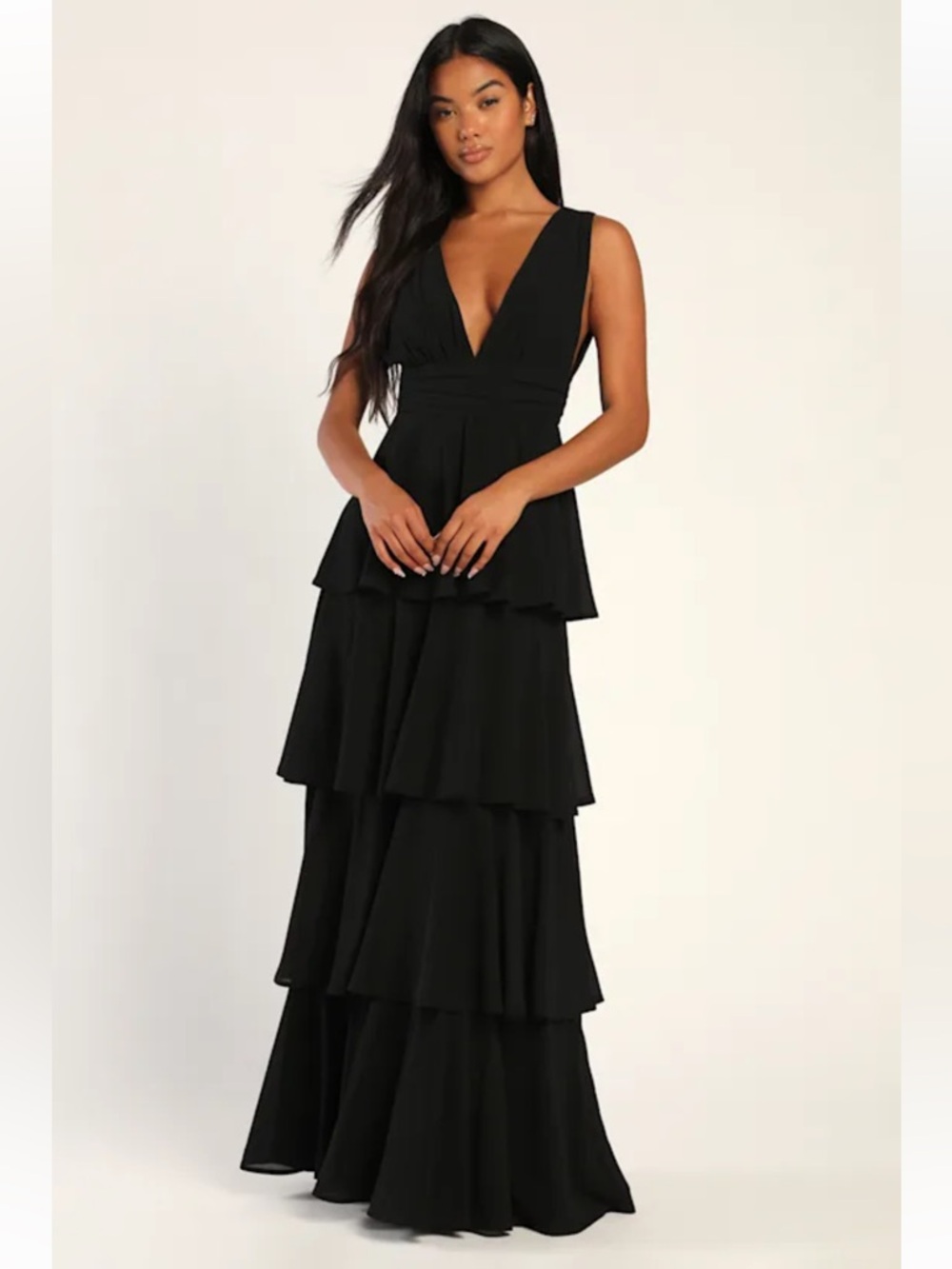 NWT Lulus Amazing Evening Black Tiered Maxi Dress